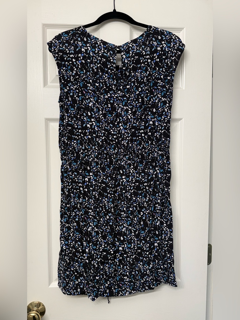 LOFT Black Midi Dress with Blue and White Floral Print